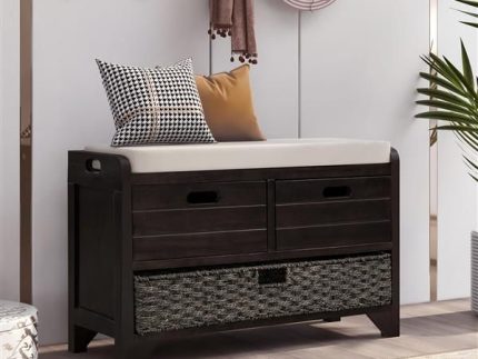 Storage Bench with Removable Basket and 2 Drawers, Fully Assembled Shoe Bench with Removable Cushion